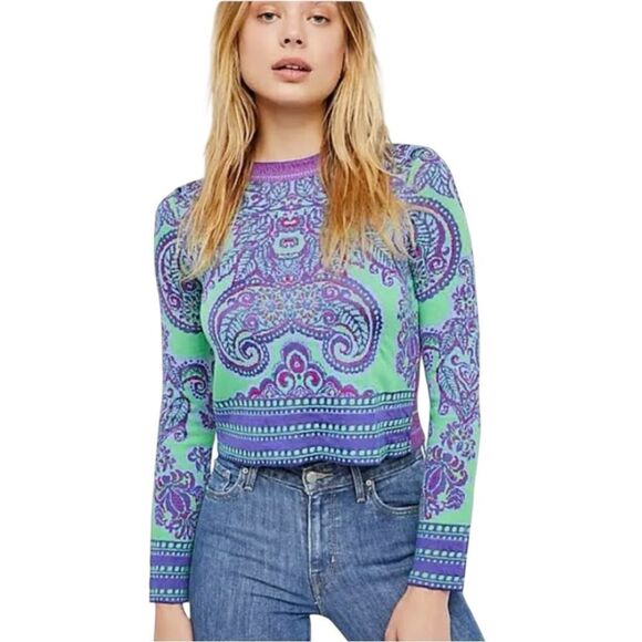 NWT Free People New Age Sweater - Purple/Green Boho (L) - Picture 13 of 15